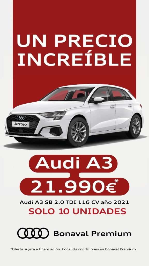Grafismo mostrando imagen de un Audi A3 blanco y el texto de la oferta