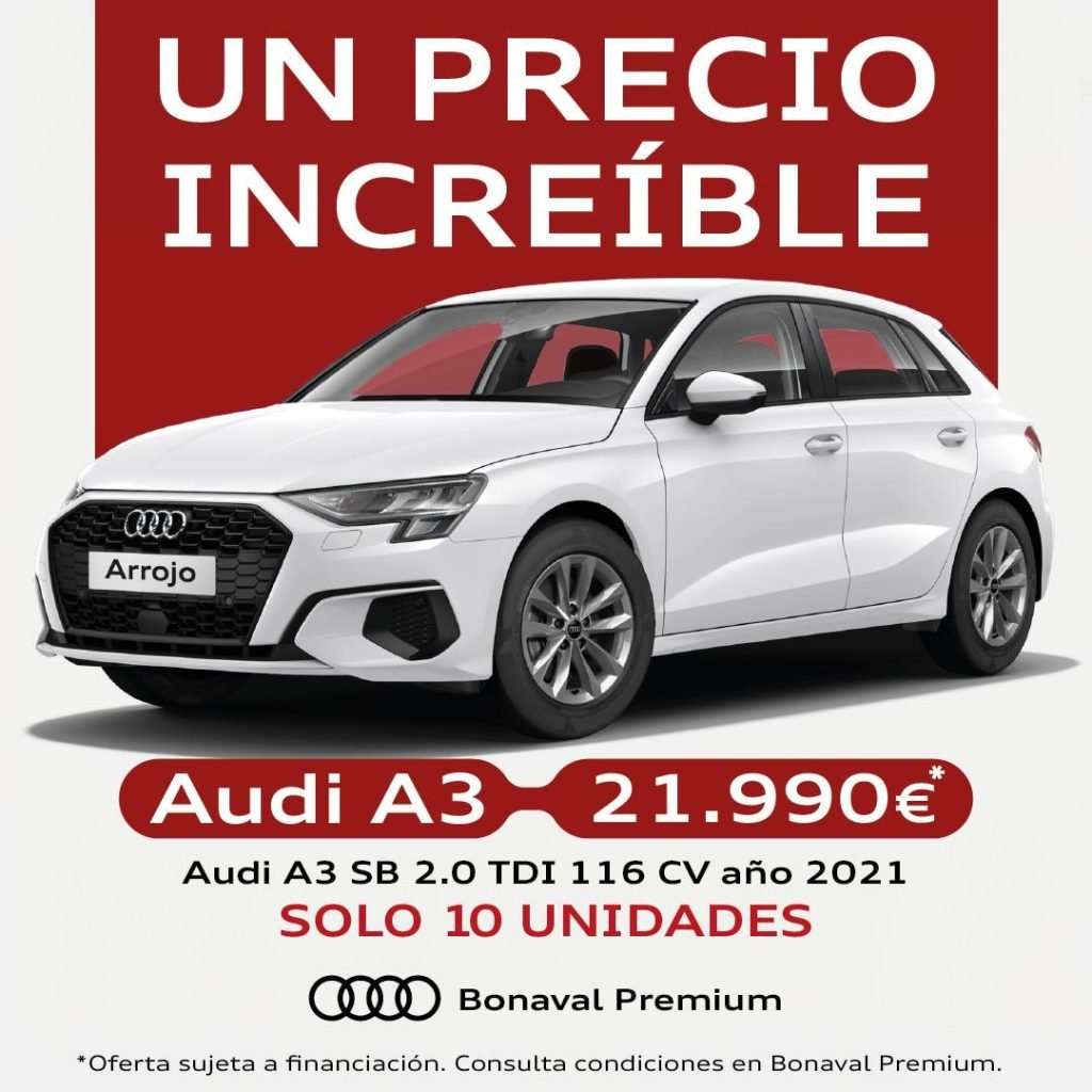 Grafismo mostrando imagen de un Audi A3 blanco y el texto de la oferta